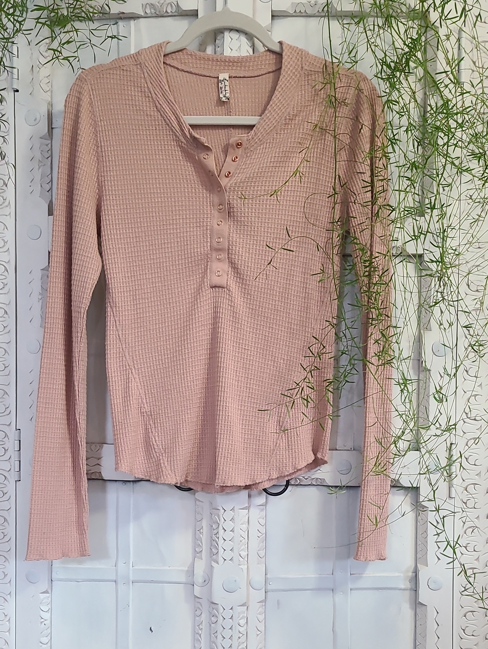 Anthropologie Long-Sleeve Waffle Henley Top - Dusty Pink